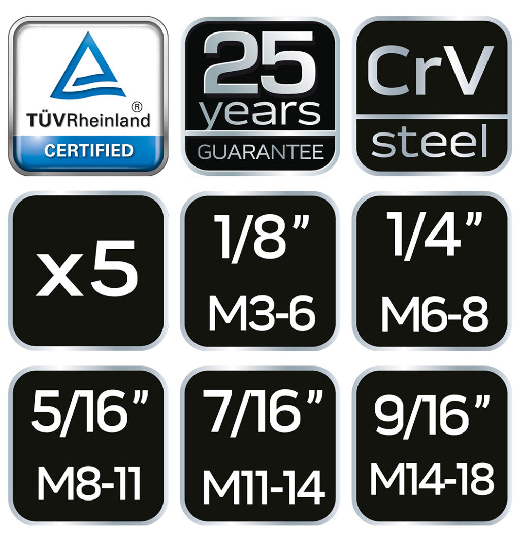 NEO TOOLS Törtcsavar-kihajtó készlet, 5db, négyszög vég, 2-14mm (M3-M18) 25 év garanciával 09-615
