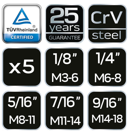 NEO TOOLS Törtcsavar-kihajtó készlet, 5db, négyszög vég, 2-14mm (M3-M18) 25 év garanciával 09-615