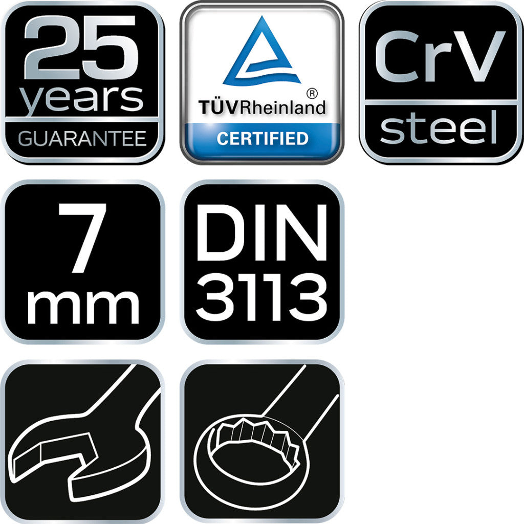 NEO TOOLS Csillag-villáskulcs 7x110mm, CrV, DIN3113 25 év garanciával 09-707