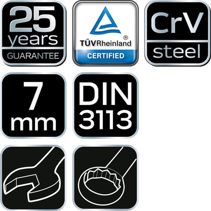 NEO TOOLS Csillag-villáskulcs 7x110mm, CrV, DIN3113 25 év garanciával 09-707