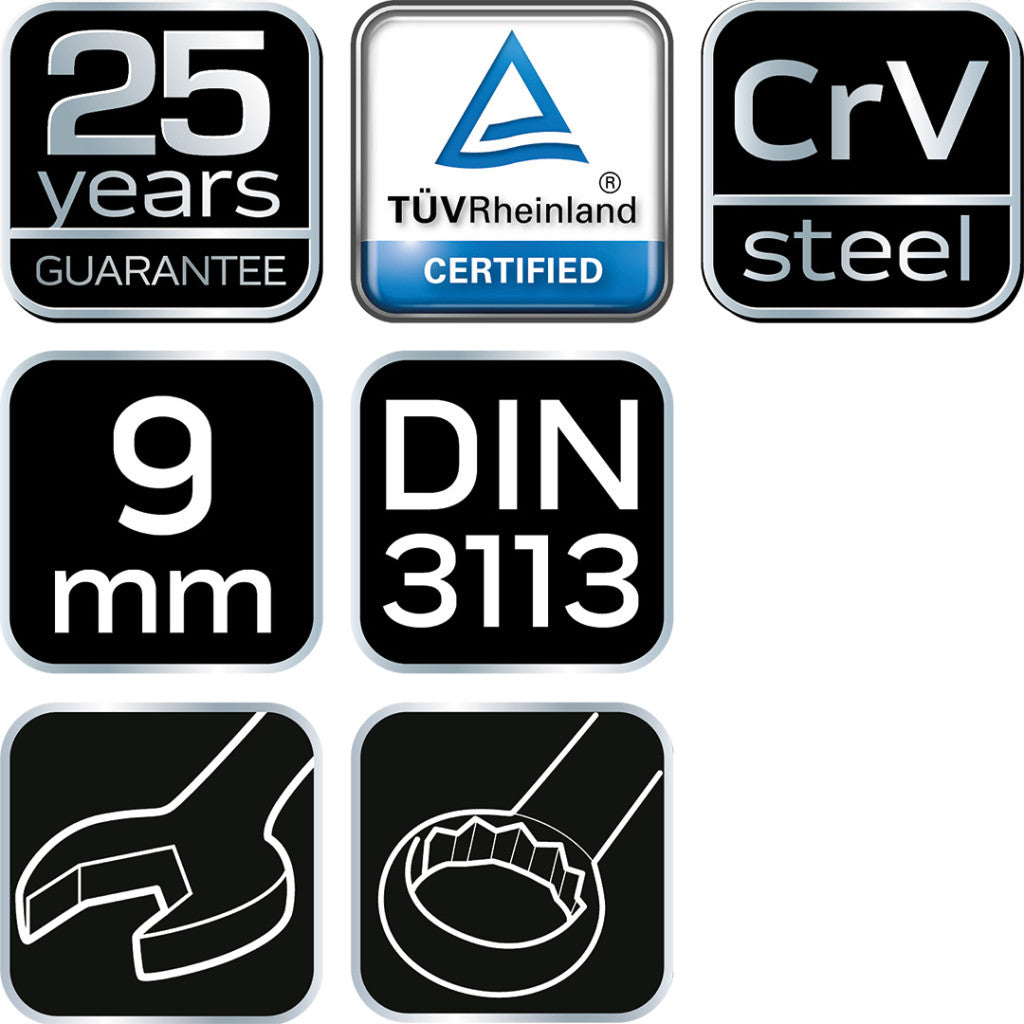 NEO TOOLS Csillag-villáskulcs 9x130mm, CrV, DIN3113 25 év garanciával 09-709