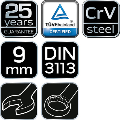 NEO TOOLS Csillag-villáskulcs 9x130mm, CrV, DIN3113 25 év garanciával 09-709