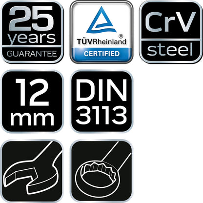 NEO TOOLS Csillag-villáskulcs 12x160mm, CrV, DIN3113 25 év garanciával 09-712
