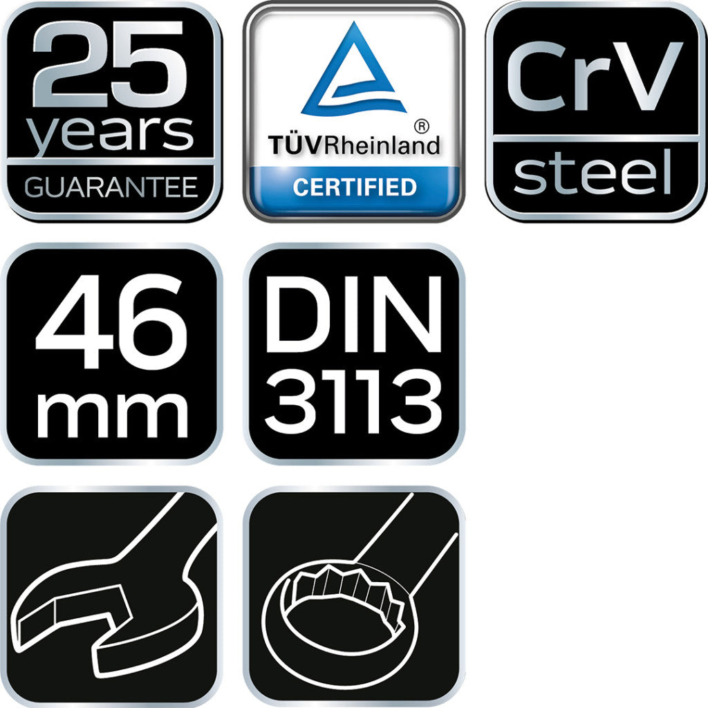 NEO TOOLS Csillag-villáskulcs 46x500mm CrV, DIN 3113 25 év garanciával 09-746