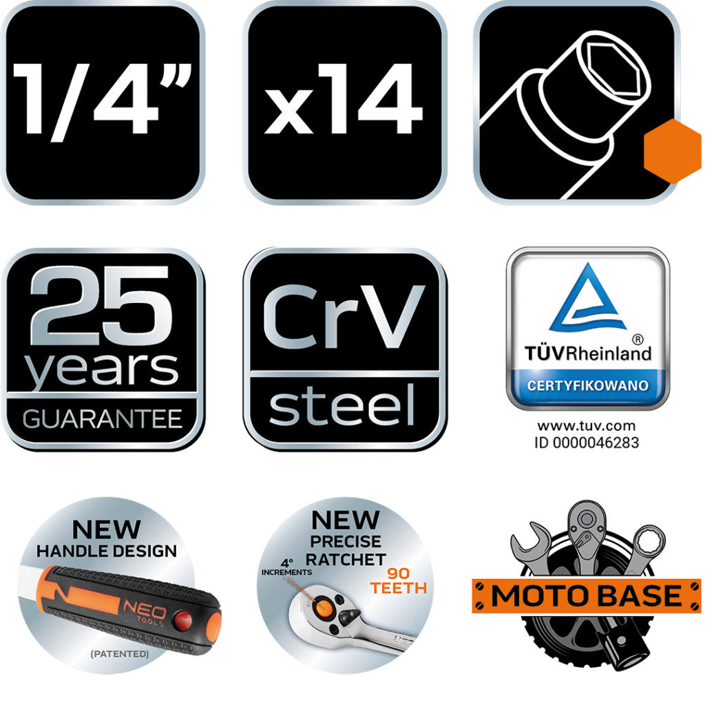 NEO TOOLS Dugókulcskészlet 14db, 1/4" 25 év garanciával 10-000