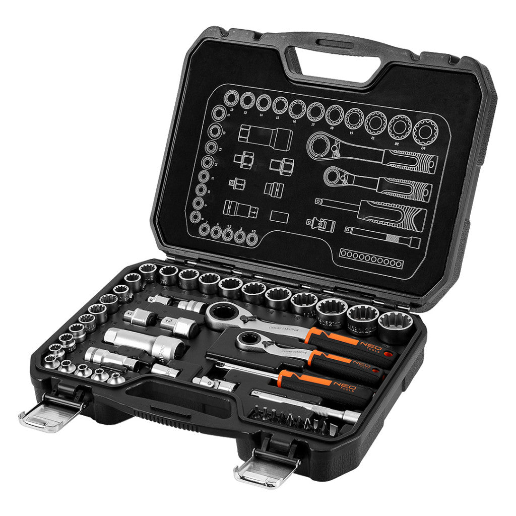 NEO TOOLS Dugókulcs készlet, átmenő racsnis hajtókarokkal, 1/4"- 3/8", 46 db 25 év garanciával 10-019