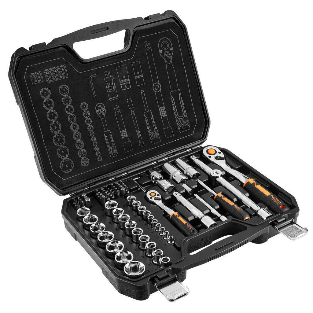 NEO TOOLS Dugókulcskészlet + bitkészlet 1/2", 1/4", 73db 25 év garanciával 10-054