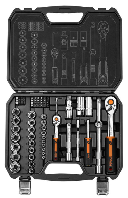 NEO TOOLS Dugókulcskészlet + bitkészlet 1/2", 1/4", 73db 25 év garanciával 10-054