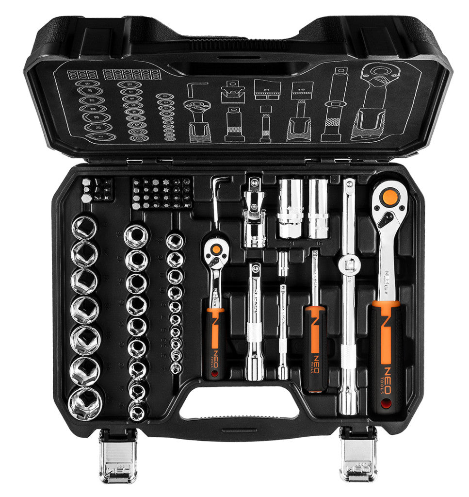 NEO TOOLS Dugókulcskészlet + bitkészlet 1/2", 1/4", 73db 25 év garanciával 10-054