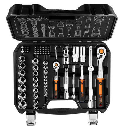 NEO TOOLS Dugókulcskészlet + bitkészlet 1/2", 1/4", 73db 25 év garanciával 10-054