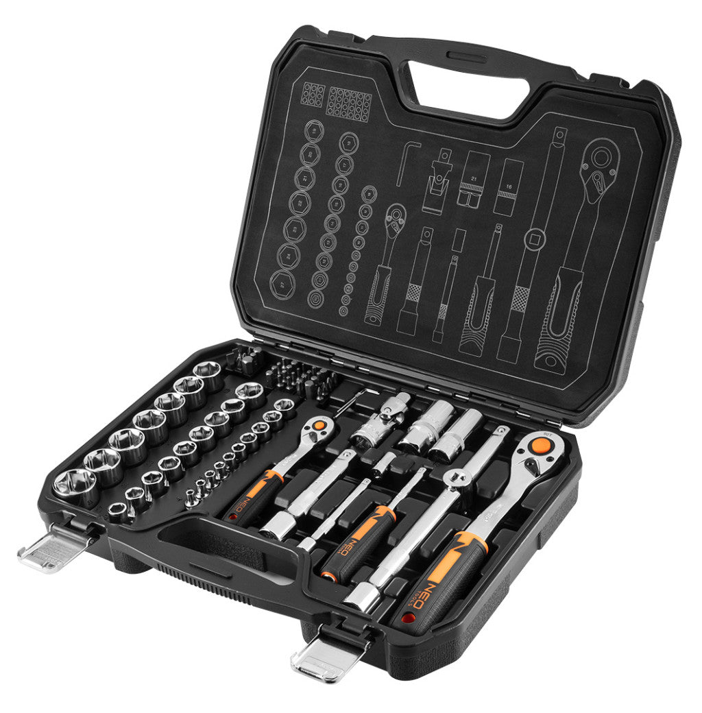 NEO TOOLS Dugókulcskészlet + bitkészlet 1/2", 1/4", 73db 25 év garanciával 10-054