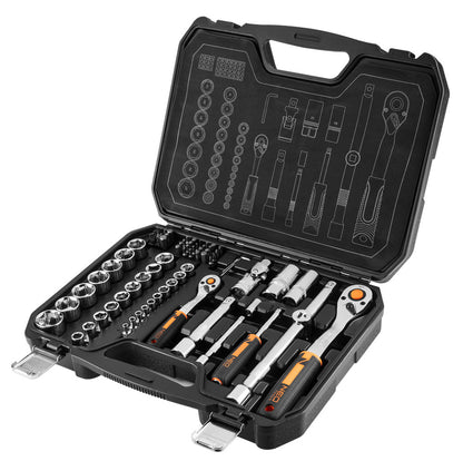 NEO TOOLS Dugókulcskészlet + bitkészlet 1/2", 1/4", 73db 25 év garanciával 10-054