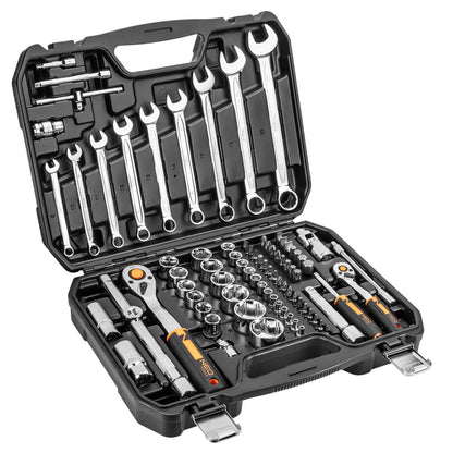 NEO TOOLS Dugókulcskészlet + szerszámkészlet 1/2", 1/4", 82db, ECO 25 év garanciával 10-058