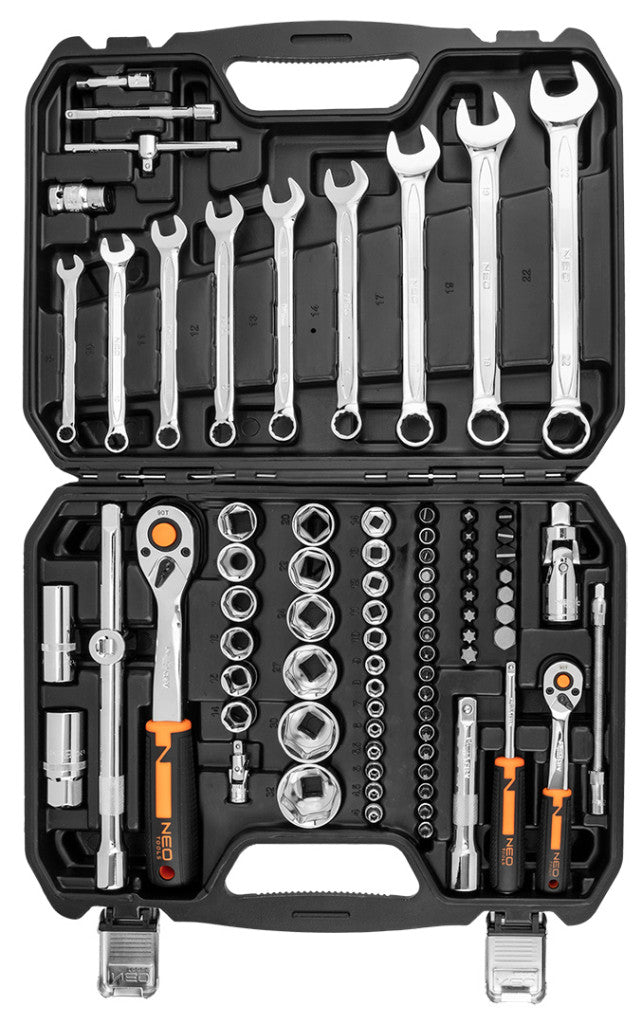 NEO TOOLS Dugókulcskészlet + szerszámkészlet 1/2", 1/4", 82db, ECO 25 év garanciával 10-058