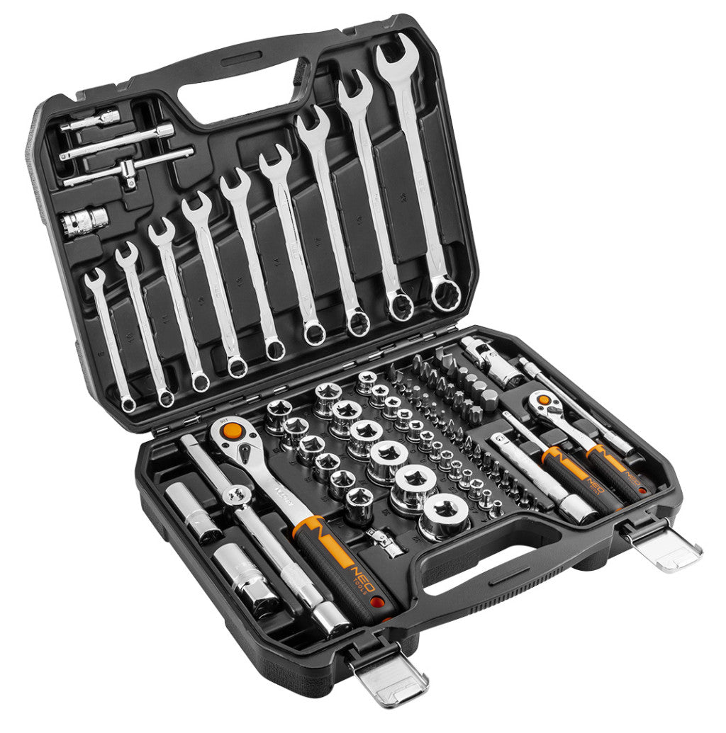 NEO TOOLS Dugókulcskészlet + szerszámkészlet 1/2", 1/4", 82db, ECO 25 év garanciával 10-058