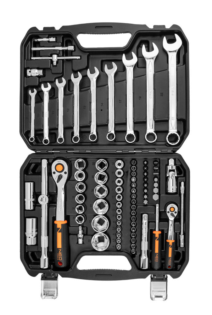 NEO TOOLS Dugókulcskészlet + szerszámkészlet 1/2", 1/4", 82db 25 év garanciával 10-059