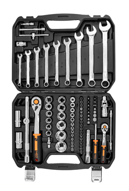 NEO TOOLS Dugókulcskészlet + szerszámkészlet 1/2", 1/4", 82db 25 év garanciával 10-059