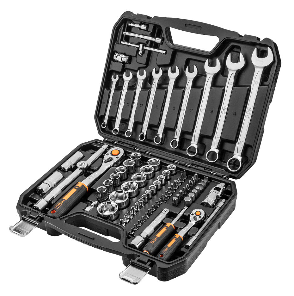 NEO TOOLS Dugókulcskészlet + szerszámkészlet 1/2", 1/4", 82db 25 év garanciával 10-059