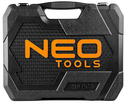 NEO TOOLS Dugókulcskészlet + szerszámkészlet 1/4", 3/8", 1/2", 219db 25 év garanciával 10-076