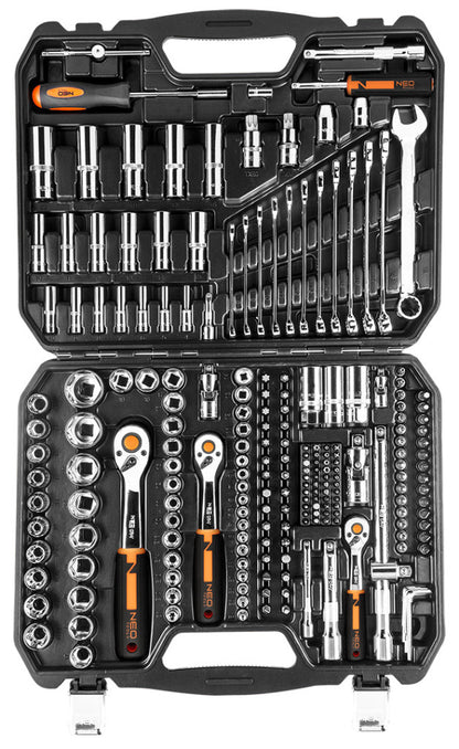 NEO TOOLS Dugókulcskészlet + szerszámkészlet 1/4", 3/8", 1/2", 219db 25 év garanciával 10-076