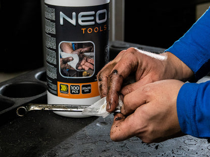 NEO TOOLS Kéztisztító kendő, 100 lap, ragasztó, gyanta, szilikon, lakk, festék, poliuretán hab és polimer 10-407