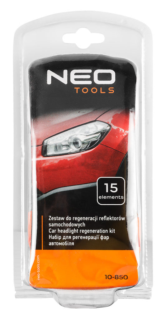 NEO TOOLS Fényszóró felújító-polírozó készlet, 15db-os 10-850