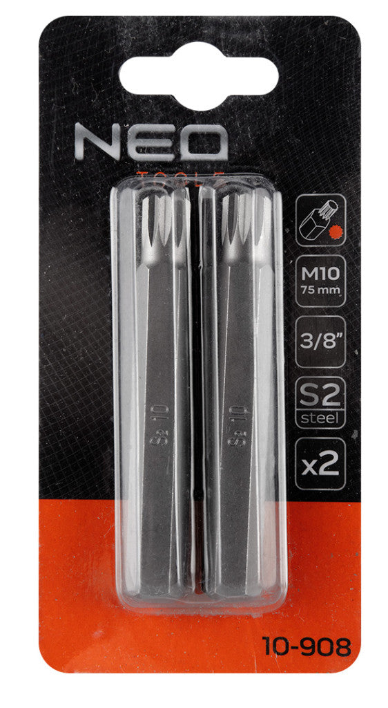 NEO TOOLS Spline bit, 3/8", M10x75mm, S2, 2db 10-908