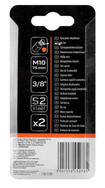 NEO TOOLS Spline bit, 3/8", M10x75mm, S2, 2db 10-908