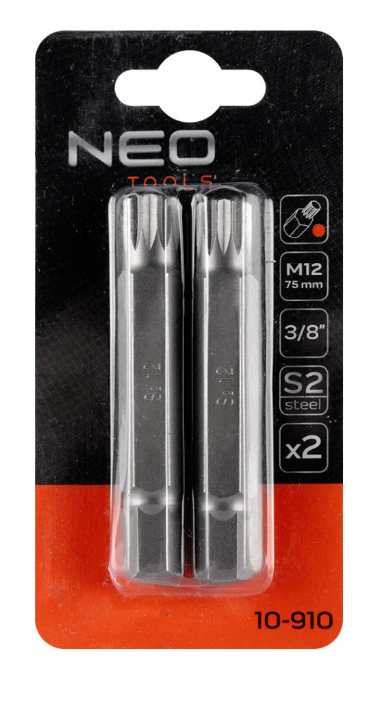 NEO TOOLS Spline bit, 3/8", M12x75mm, S2, 2db 10-910