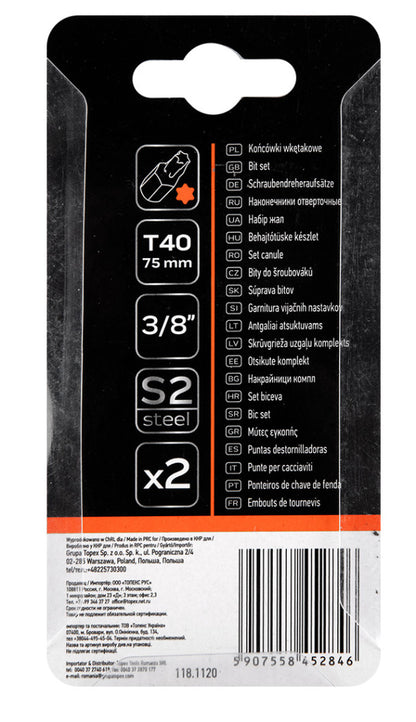 NEO TOOLS Torx bit, 3/8", T40x75mm, S2, 2db 10-942