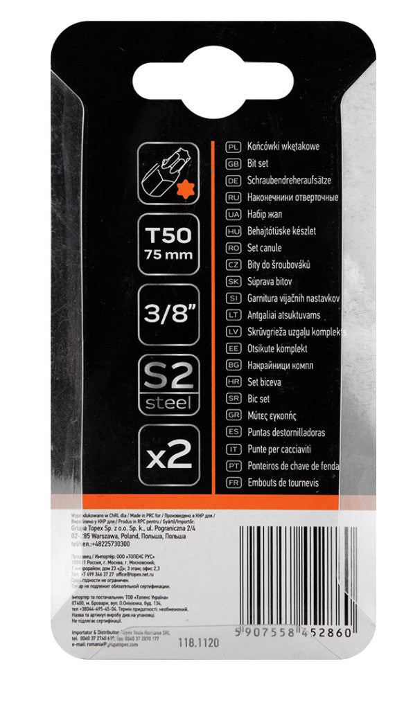 NEO TOOLS Torx bit, 3/8", T50x75mm, S2, 2db 10-946