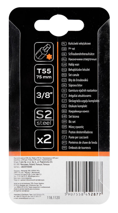 NEO TOOLS Torx bit, 3/8", T55x75mm, S2, 2db 10-948