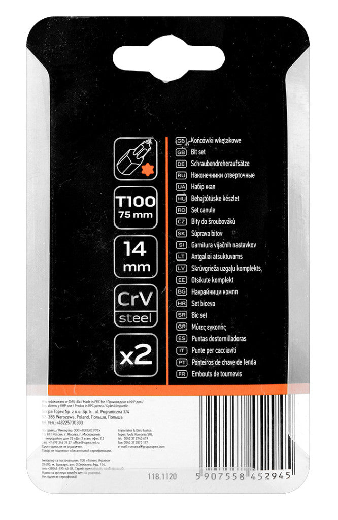 NEO TOOLS Torx bit, 3/8", T100x75mm, CRV, 2db 10-960