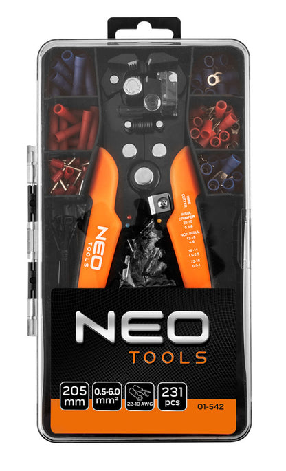 NEO TOOLS Kábelcsupaszító fogó, automata 200mm + csatlakozók 230db 01-542