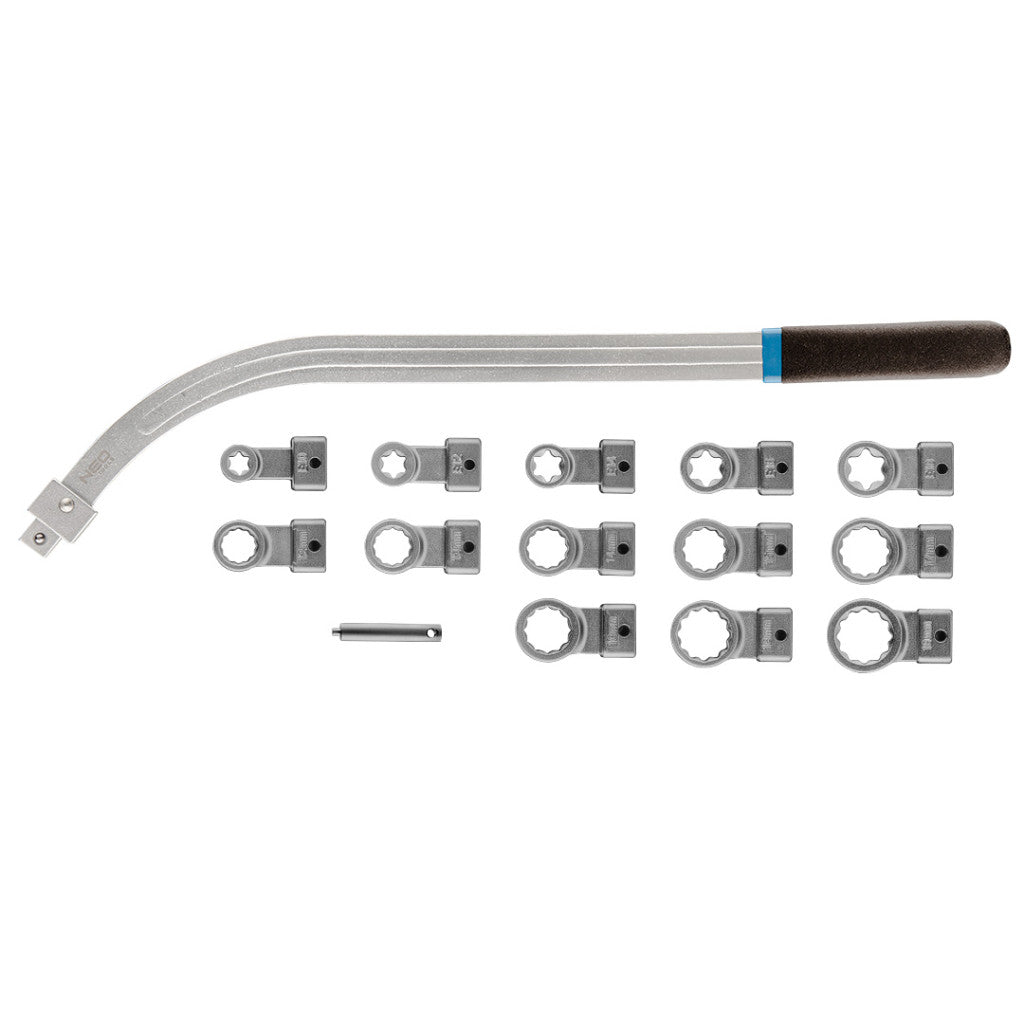 NEO TOOLS Feszítőgörgő kulcs cserélhető fejekkel, 15db 11-169