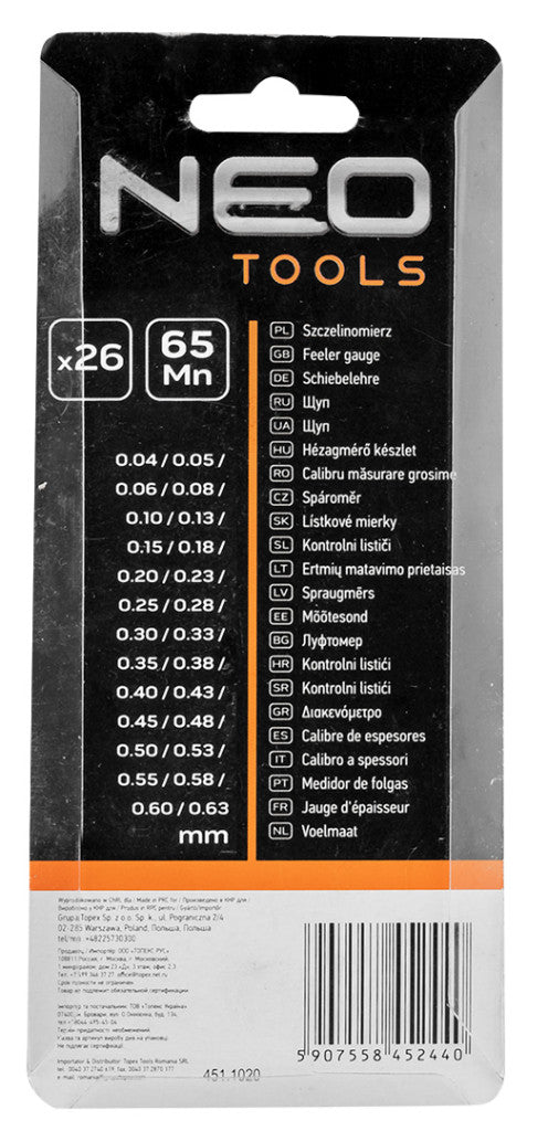 NEO TOOLS Hézagmérő készlet 26db (0.04 - 0.63mm) 65MN/rozsdamentes acél 11-190