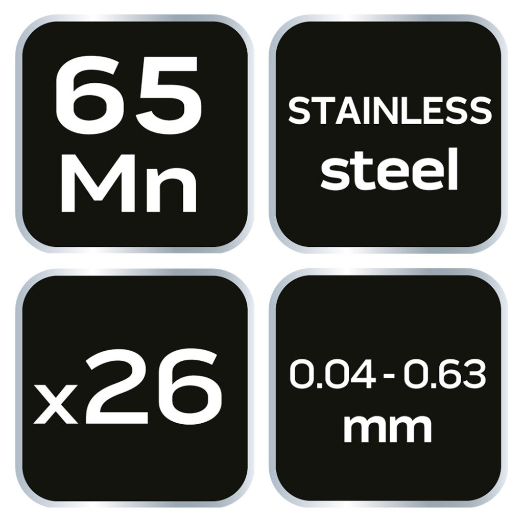 NEO TOOLS Hézagmérő készlet 26db (0.04 - 0.63mm) 65MN/rozsdamentes acél 11-190
