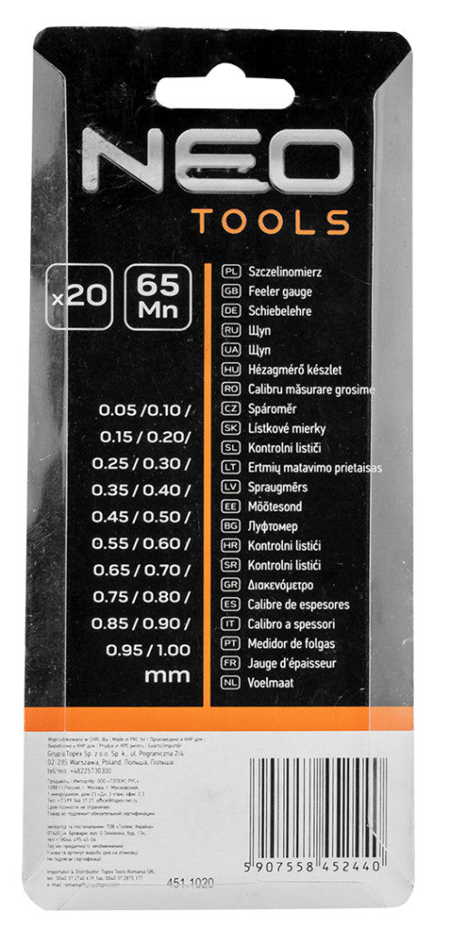 NEO TOOLS Hézagmérő készlet 20db (0.05 - 1.0mm) 65MN/rozsdamentes acél 11-191