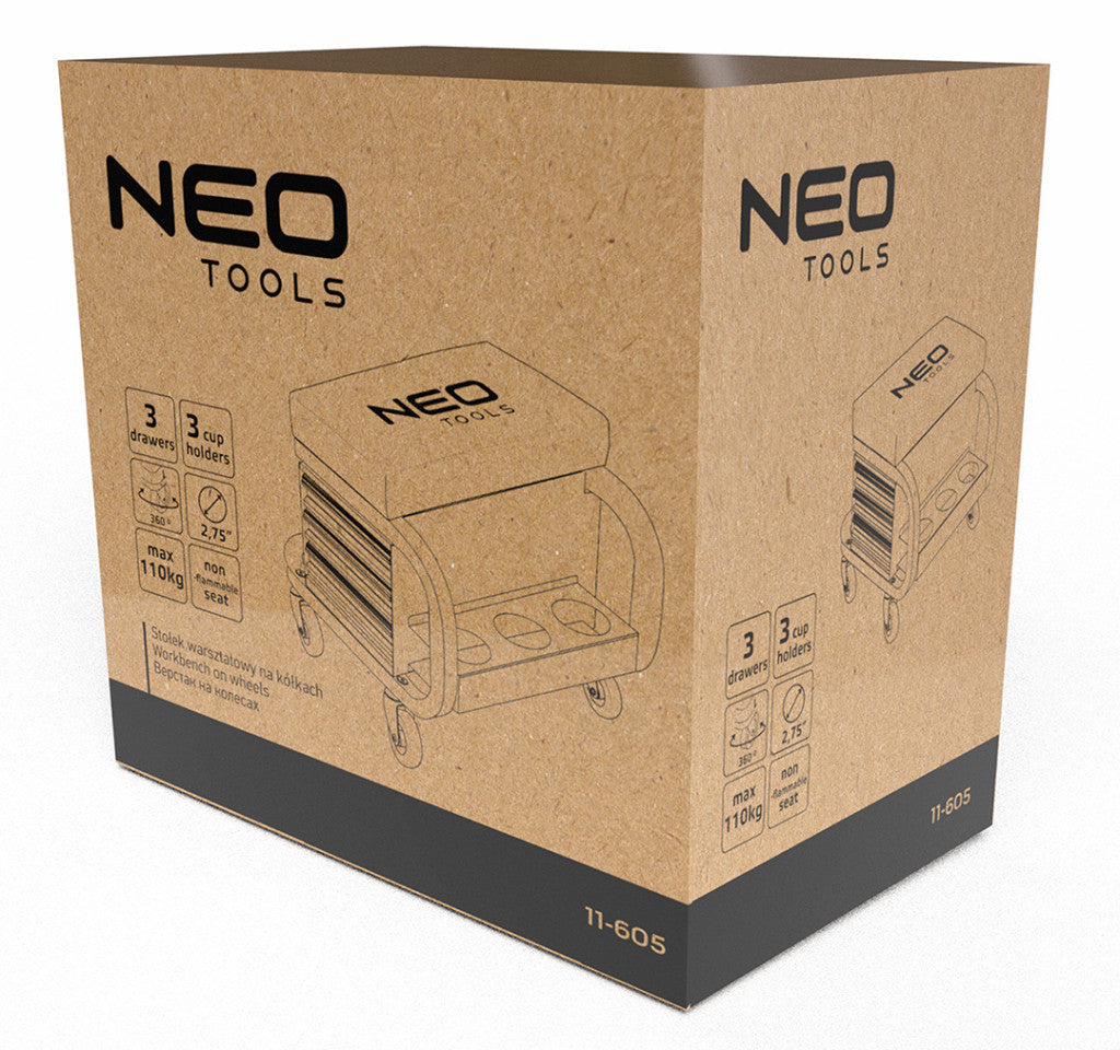 NEO TOOLS Szerelőszék, fém szerkezetű, kerekekkel, szerszámfiókokkal 11-605