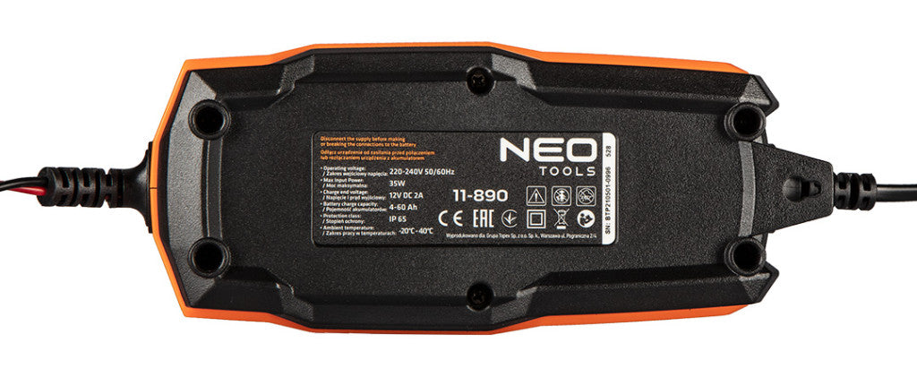 NEO TOOLS Autómata akkutöltő 2A / 35W, 4-60Ah, savas/AGM/zselés akkumulátorokhoz 2 év garanciával 11-890