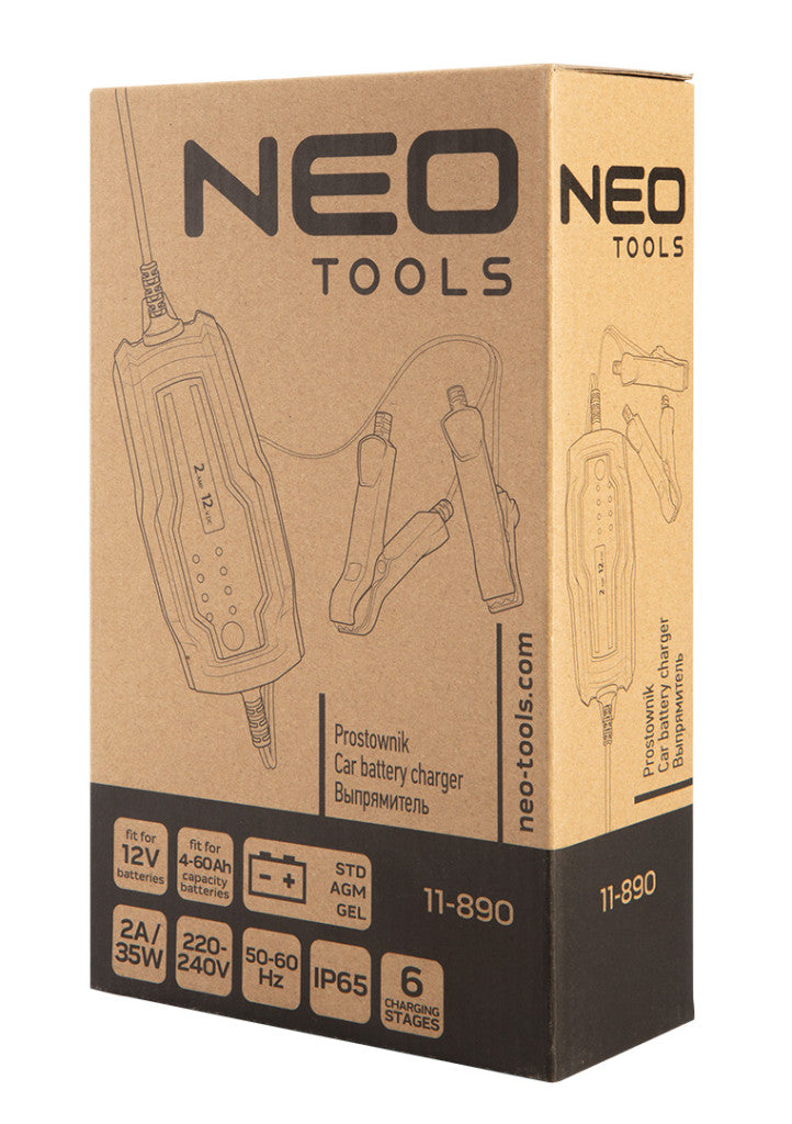 NEO TOOLS Autómata akkutöltő 2A / 35W, 4-60Ah, savas/AGM/zselés akkumulátorokhoz 2 év garanciával 11-890