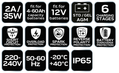 NEO TOOLS Autómata akkutöltő 2A / 35W, 4-60Ah, savas/AGM/zselés akkumulátorokhoz 2 év garanciával 11-890