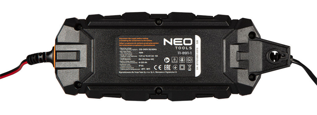 NEO TOOLS Automatikus akkumulátortöltő 4A/70W, 3-120Ah, savas / AGM / GEL akkumulátorokhoz 2 év garanciával 11-891-1