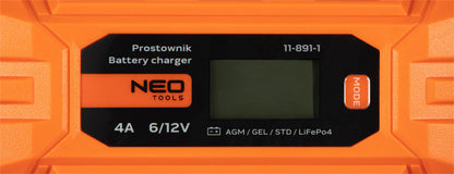 NEO TOOLS Automatikus akkumulátortöltő 4A/70W, 3-120Ah, savas / AGM / GEL akkumulátorokhoz 2 év garanciával 11-891-1