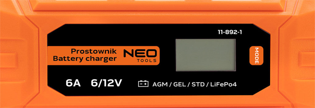 NEO TOOLS Automatikus akkumulátortöltő 6A/100W, 3-150Ah, savas / AGM / GEL akkumulátorokhoz 2 év garanciával 11-892-1