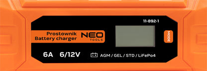 NEO TOOLS Automatikus akkumulátortöltő 6A/100W, 3-150Ah, savas / AGM / GEL akkumulátorokhoz 2 év garanciával 11-892-1