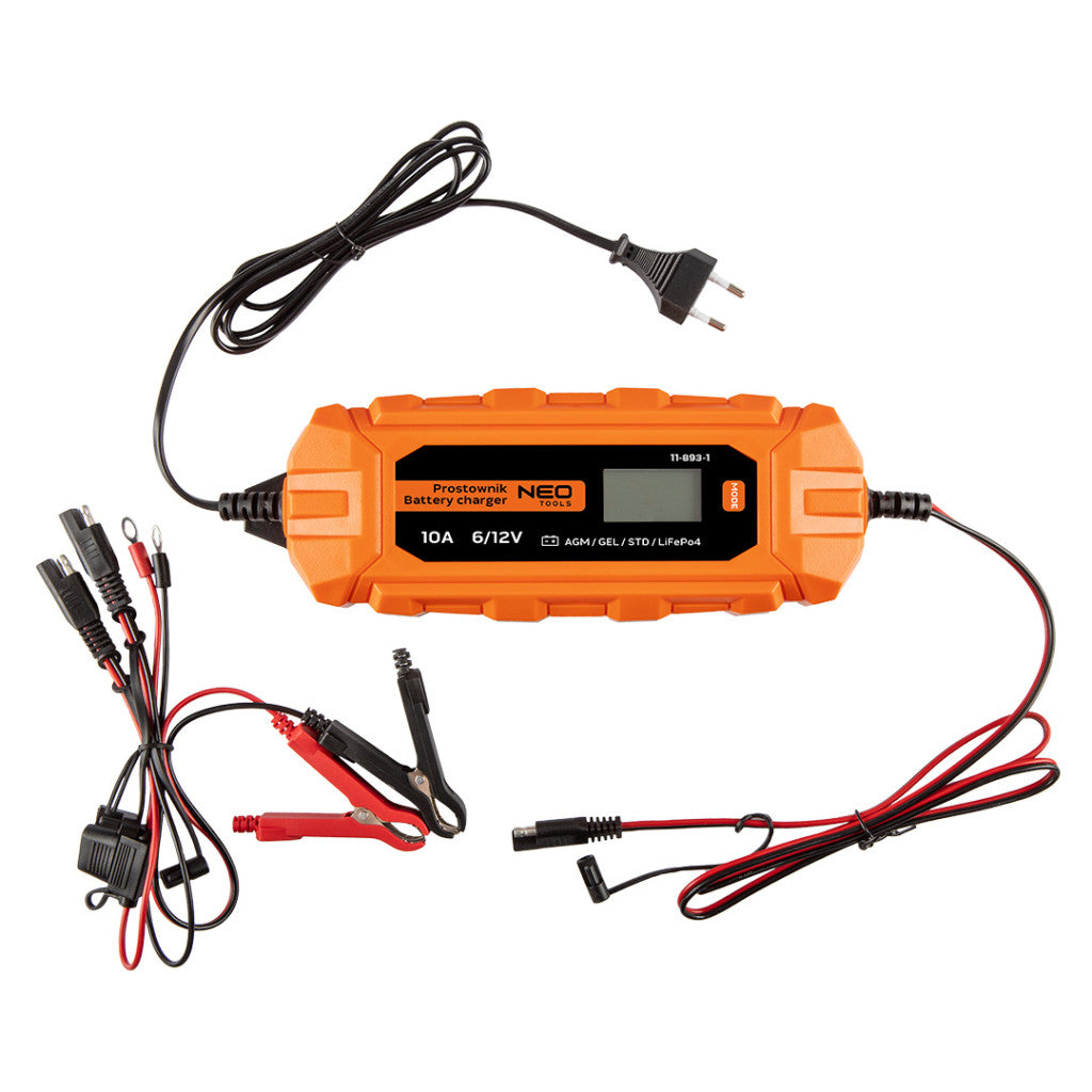 NEO TOOLS Automatikus akkumulátortöltő 10A/160W, 3-200Ah, savas / AGM / GEL akkumulátorokhoz 2 év garanciával 11-893-1