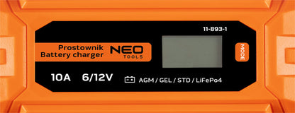 NEO TOOLS Automatikus akkumulátortöltő 10A/160W, 3-200Ah, savas / AGM / GEL akkumulátorokhoz 2 év garanciával 11-893-1