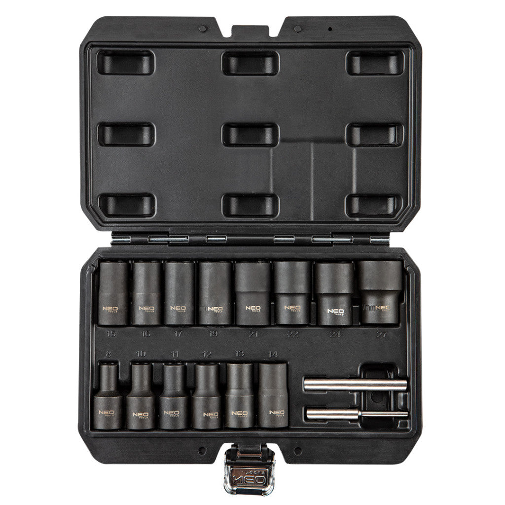 NEO TOOLS Dugókulcskészlet, sérült fejű csavarokhoz 16db 1/2”, 8, 10, 11, 12, 13, 14, 15, 16, 17, 19, 21, 22, 24, 27mm 11-920