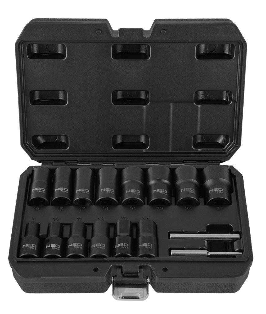 NEO TOOLS Dugókulcskészlet, sérült fejű csavarokhoz 16db 1/2”, 8, 10, 11, 12, 13, 14, 15, 16, 17, 19, 21, 22, 24, 27mm 11-920